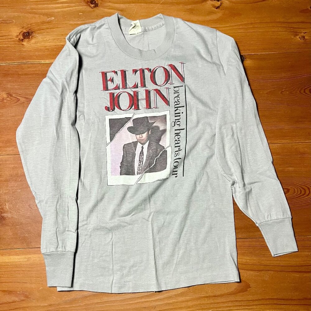 Grey Long Sleeve Elton John Breaking Hearts Tour T-Shirt Vintage Original 80's